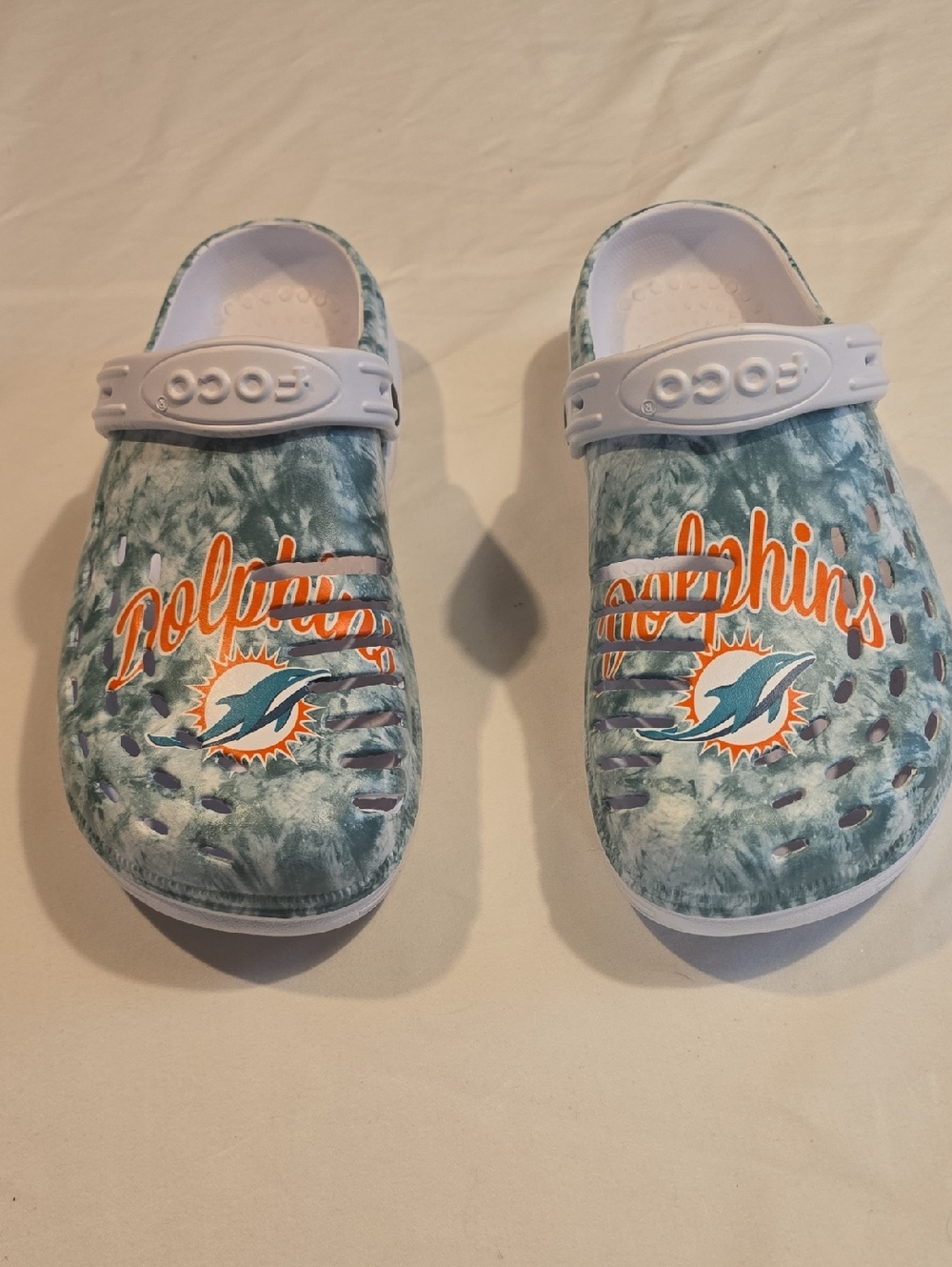 CROCS Teal, White & Orange Dolphins Tie-Dye Clog Sandals